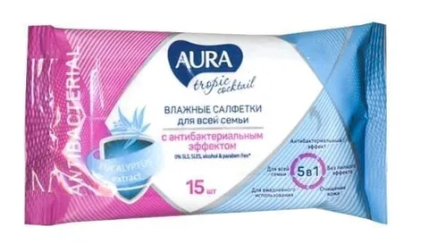 Влажные салфетки Aura tropic coctail освежающие, антибактериальные 15шт/110