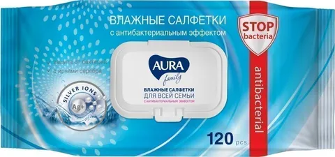 Влажные салфетки Aura family антибактериальные 120шт/12
